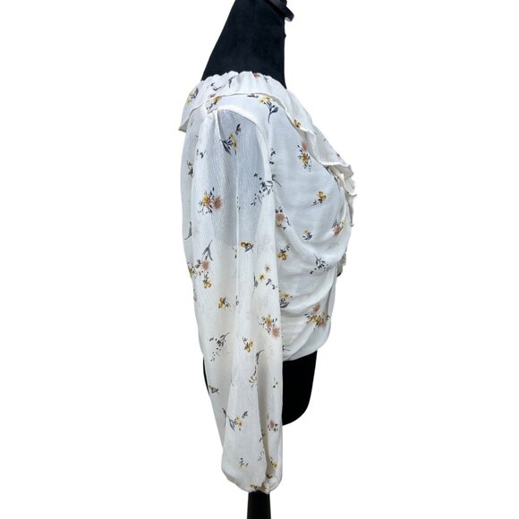 Astr The Label Ruched Blouse Peasant Top Women's Size L Floral White Balloon Lon - Picture 5 of 8